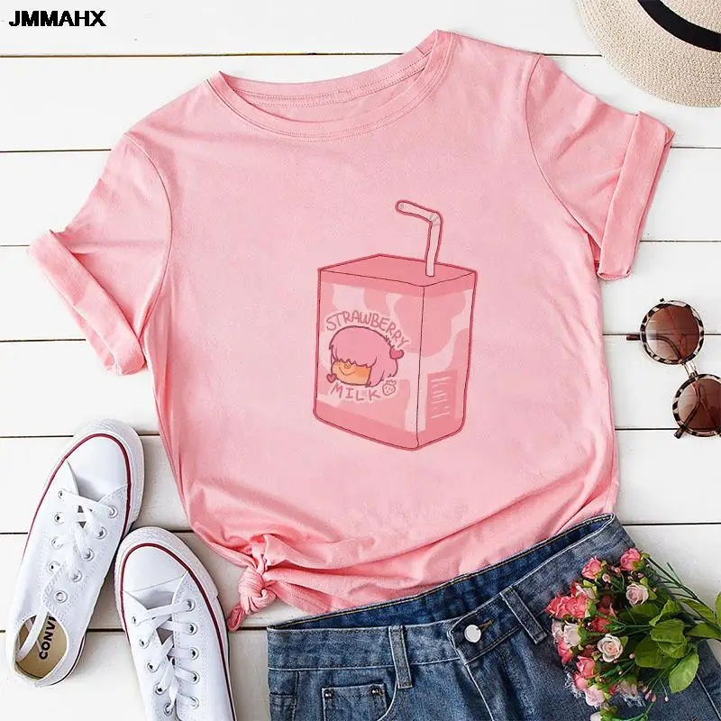 Harajuku Aesthetic Pink Top Female Clothing Tees Japan Strawberry Juice Graphic Print Women's T-shirt 2021 Summer Fashion Tshirt