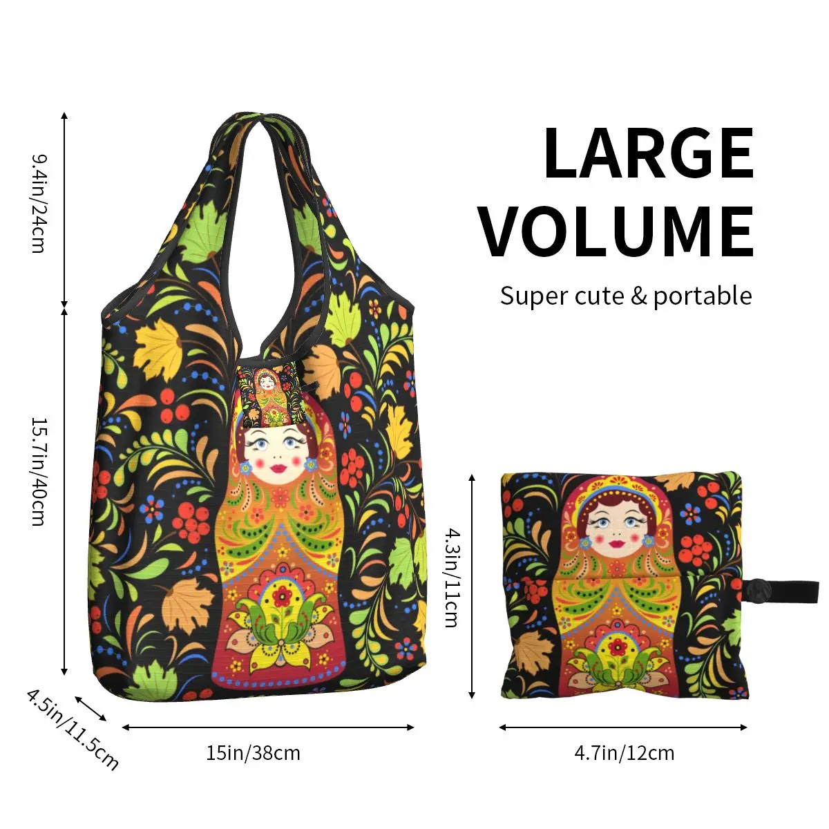 Fashion Print Russian Babushka Matryoshka Doll Shopping Tote Bag Portable Shoulder Shopper Handbag