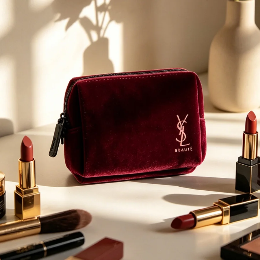 YSL’s Bag Wine Red Velvet Mini Portable Square Cosmetic Bag Vintage Zipper Storage Pouch For Lipsticks Keys Cards Elegant Holida