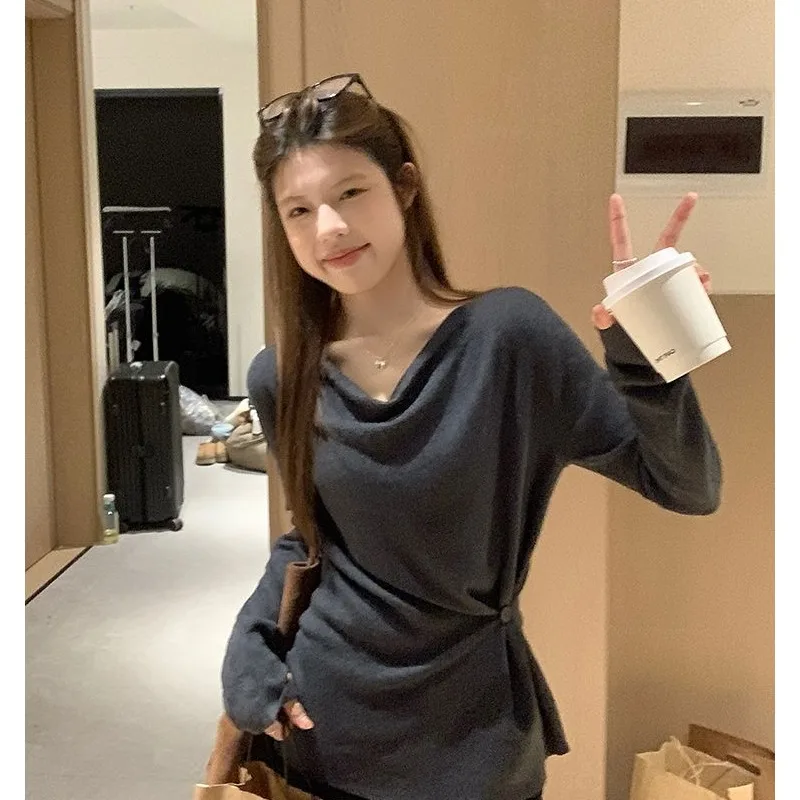 Slim Fit V Neck Long Sleeve Top Women's Elegant Waist Cinching Base Layer Casual T-shirt