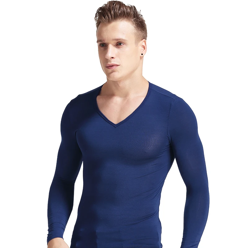 Intimo termico da uomo Modal scollo a V girocollo sottile autunno slim manica lunga camicia base autunno top da uomo