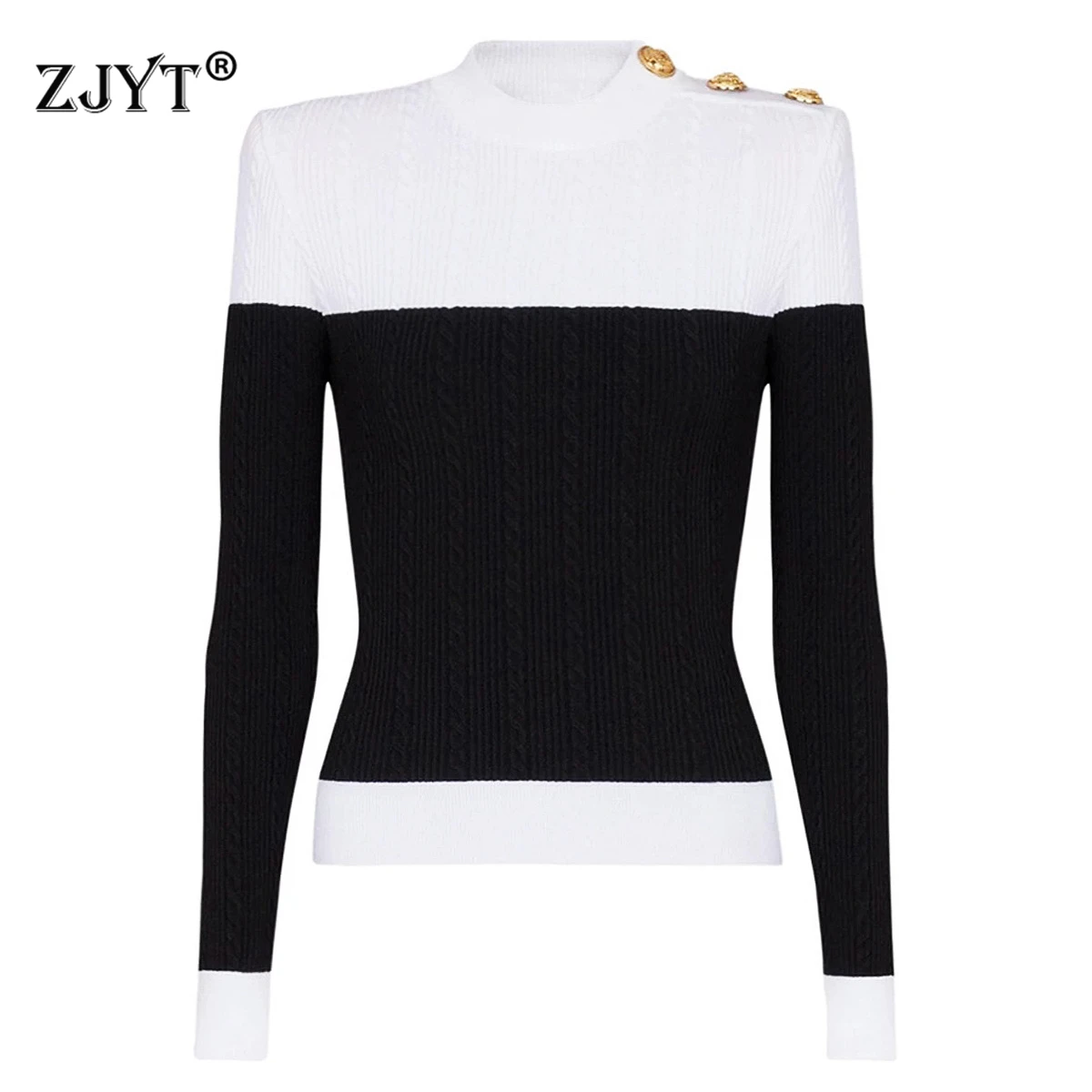 

ZJYT New Autumn Winter Women's Pullover Sweater O Neck Color Block Knitted Top Elegant Black White Knitwears Female Jersey
