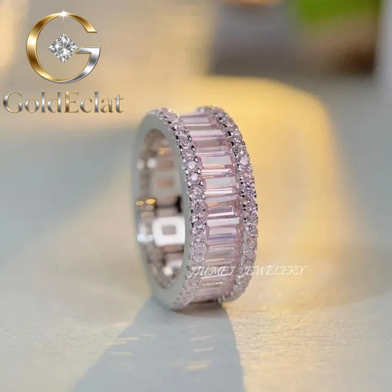 

GoldEclat Luxury white gold solid platinum PT950 Women's Ring Full Diamond Powder Diamond Luxury High-end Row Diamond Ring