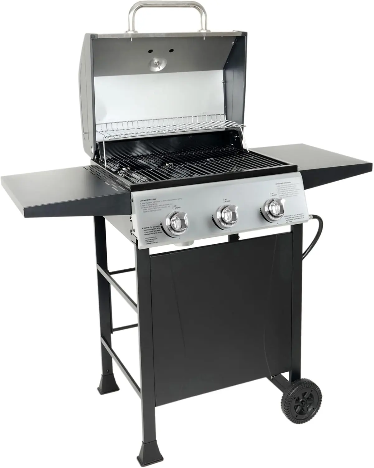 Outdoor BBQ Propane Gas Grill with Side Burner, Lid, Wheels, Shelves, Bottle Opener, and 3 Burners, for Outdoor Barbecue Cooking