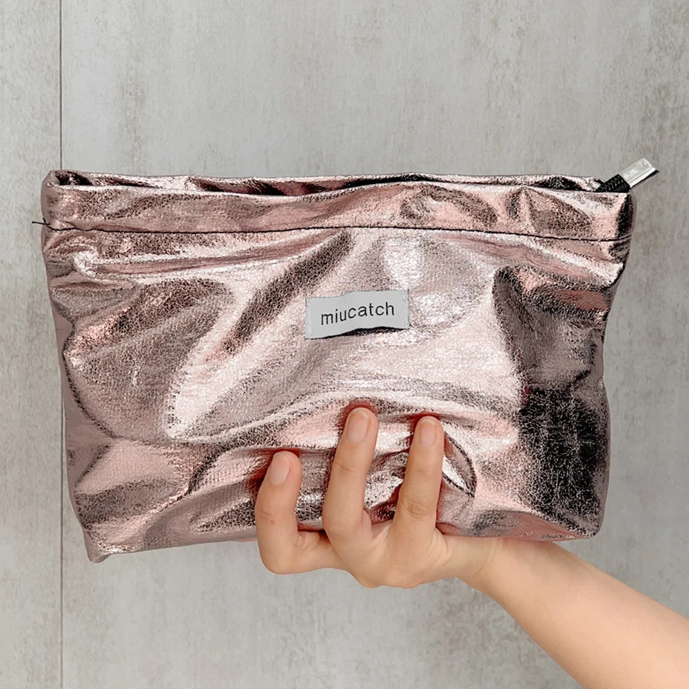 Simple Shiny Sequins Silver Clutch Cosmetic Handbag Makeup Bag Portable Women Toiletries Skincare Storage Bag Organizer Pouch