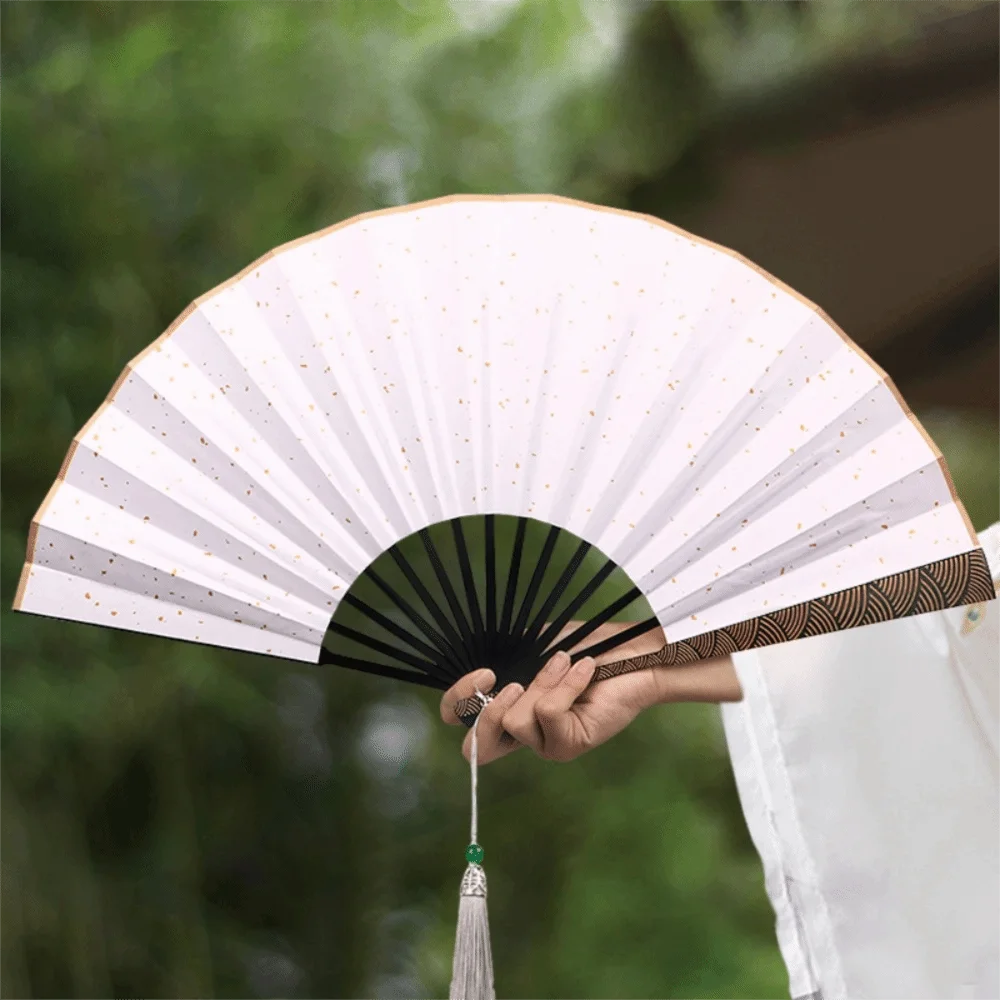 Sprinkled Gold Cloud Pattern Handle Folding Fan with Tassel 10 in Men Hand Fan Silk Cloth Fan Panel Carved Decorative Fan Summer