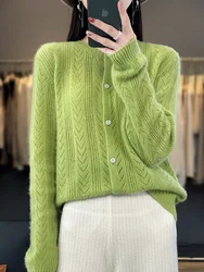 2024 Women Spring Cardigan O-neck Grace 100% Merino Wool Sweater Hollow Soft Cashmere Knitted Coat Korean Popular Clothing Tops