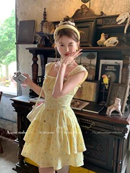 High Quality Hot Selling Yellow Polka Dot Square Collar Waist Cinched A-line Suspender Dress Women French Sweet Dress Vestido