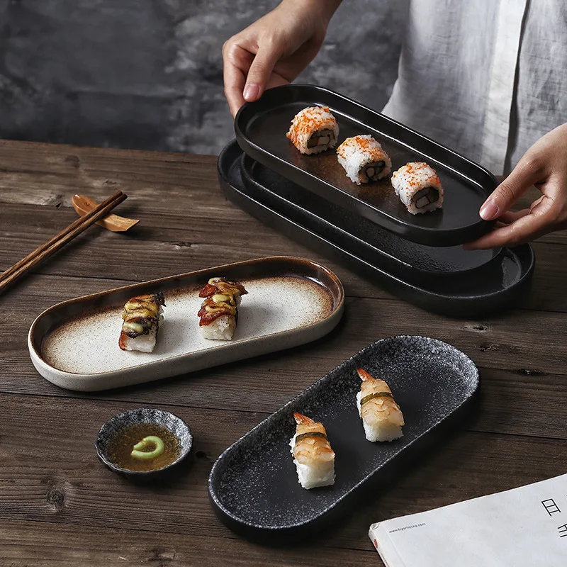 

Japanese Rectangular Sushi Plate Iron Shape Ceramic Dinner Dish Long Serving Platter Creative Tableware For Home Restaurant Use