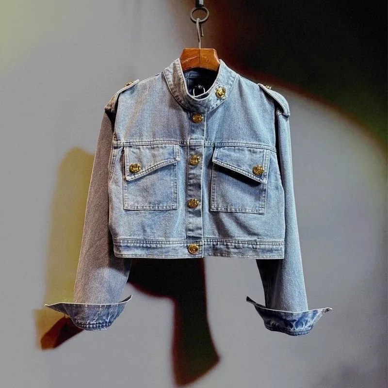 

Весенне-осенняя джинсовая куртка для девочек, новая детская ретро-куртка с вырезом на спине, воротником-стойкой и длинными рукавами