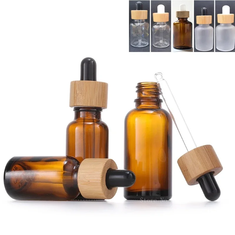 

Wholesale 5ml-100ml Dropper Bottle Bamboo Wood Lid Brown Glass Separate Bottle Transparent Mask Skin Care Essence Oil Bottle