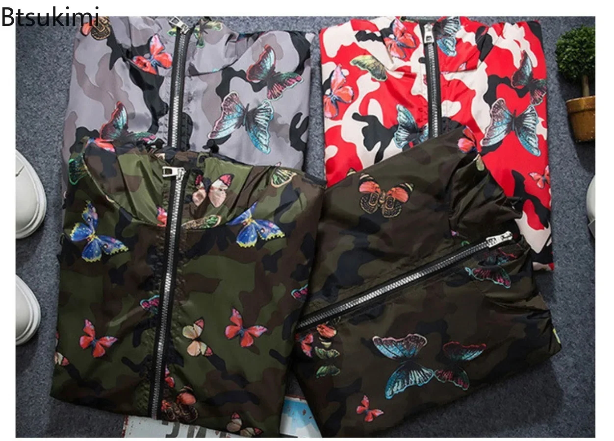 2025 Lente Nieuwe mannen Camouflage Capuchon Mode Vlinder Print Losse Casual Jas Mannen Kap Winddicht Bovenkleding Jonge tiener