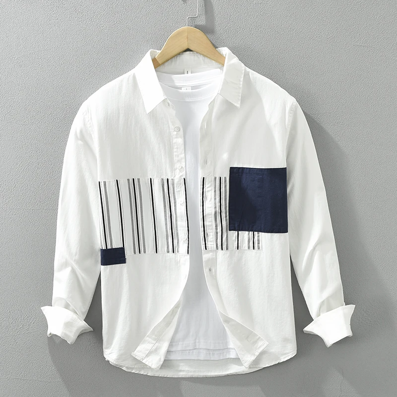 

Fashion Patchwork Long Sleeve Shirt for Men New Turn-down Collar Cotton Loose Casual Shirt Men's Clothing