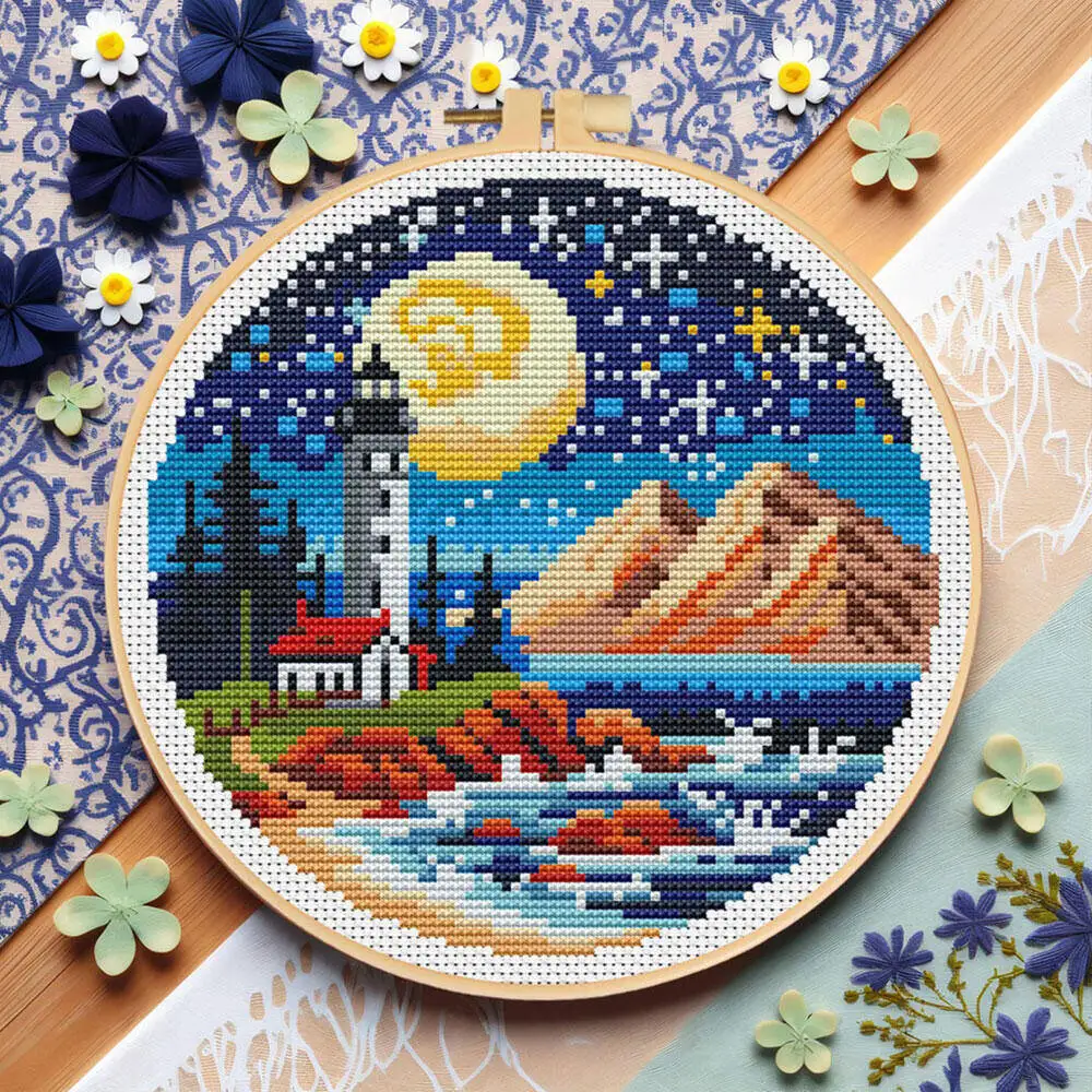 Cross Stitch Lighthouse Sea Moon DIY Embroidery Landscape Scenery Mountain Material Package Hoop Kit Handmade Gift