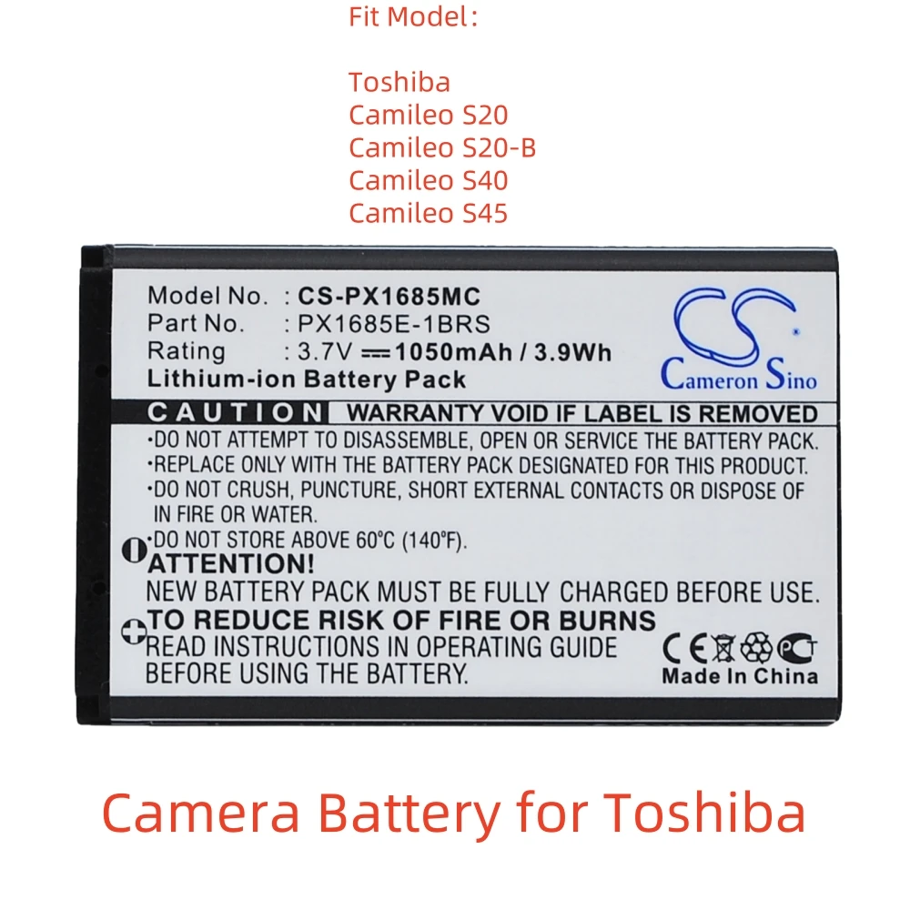 

Li-ion Camera Battery for Toshiba,3.7V,1050mAh,Camileo S20 Camileo S40,PX1685E-1BRS 084-07042L-009 PA3792U-1CAM-01