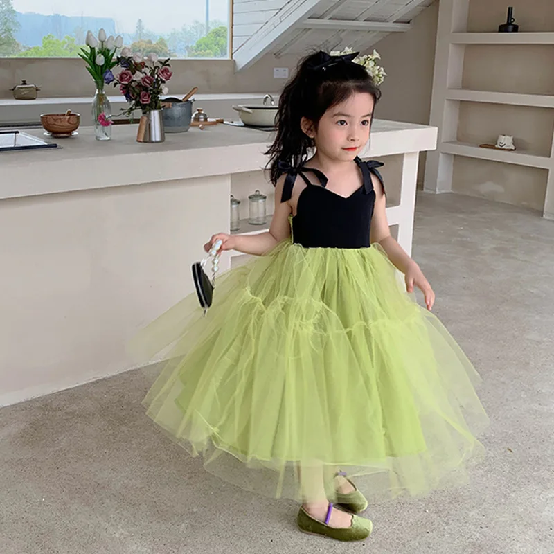 2022 Summer New Girls Dresses Fashion Kids Outfit Bow Sling Mesh Dress Children'S Clothing Charm Party Princess Evening Vestidos