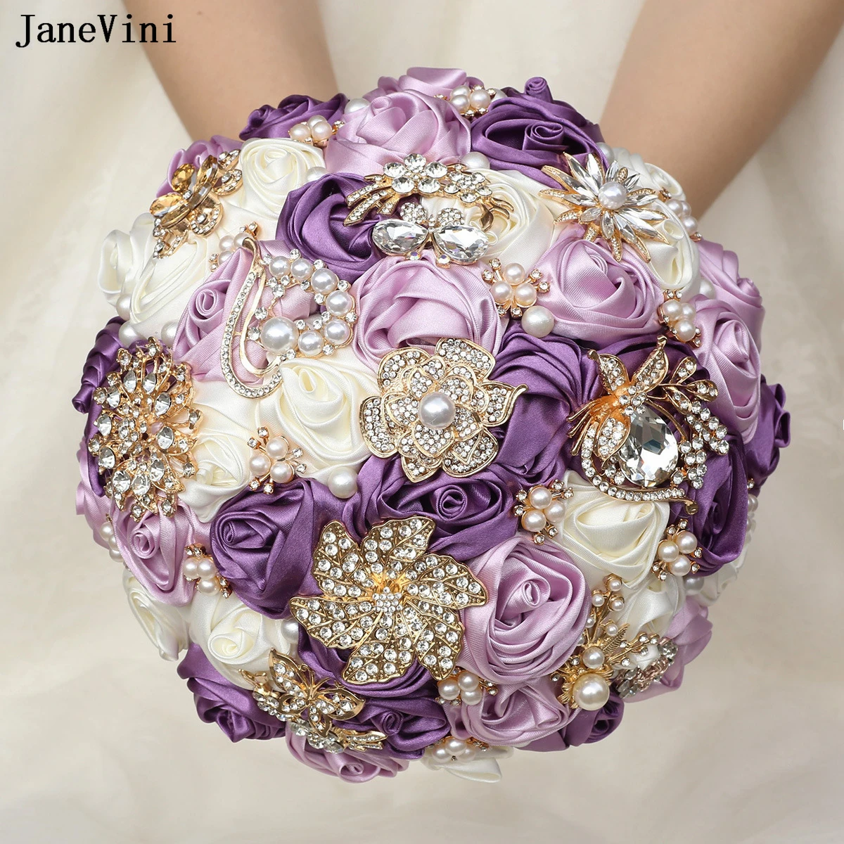 JaneVini Charming Purple Ivory Ribbon Flowers Bridal Bouquets with Gold Rhinestone Artificial Satin Roses Wedding Brooch Bouquet