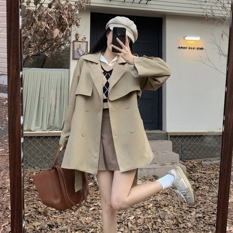 

Trench Coat for Women New Autumn/winter 2022 British Style Solid Color Double-breasted Lapel with Belt Slim Long Coat Femme