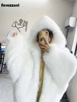 Hooded Shaggy Faux Fur Coat 3 Nerazzurri Autumn Winter Oversized White Black Warm Shaggy Hairy Faux Fur Coat Women with Hood Loose Casual Fluffy Jacket 2023 3