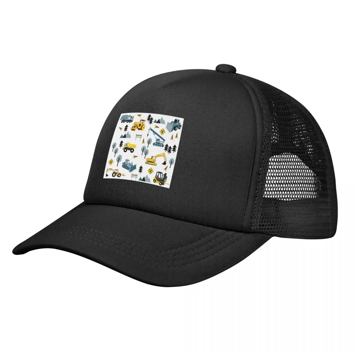 Blue Construction Trucks & Site Theme Pattern Mesh Baseball Caps Snapback Fashion Baseball Hats Breathable Casual Casquette