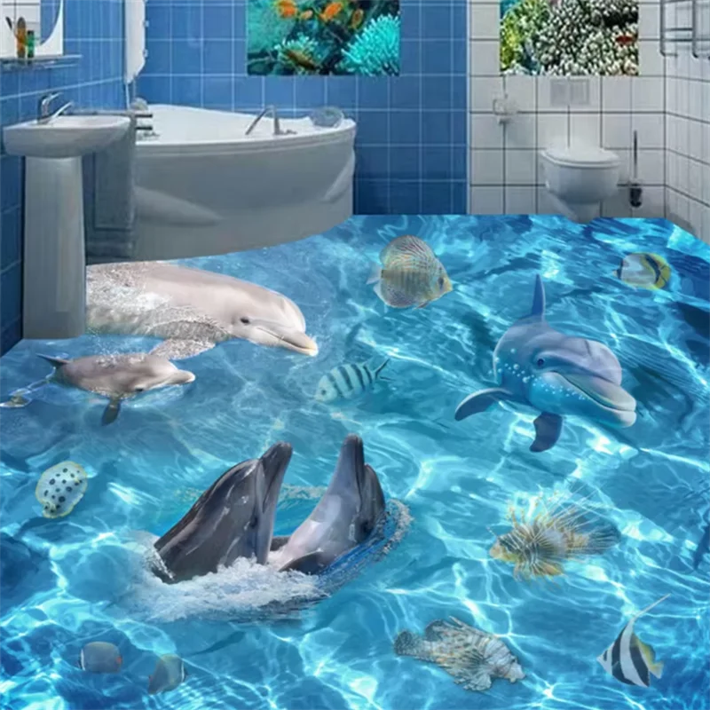 Custom Flooring 3D Surf Beach Shells Starfish Bathroom Self-adhesive flooring underwater world dolphin mother and son deep mural