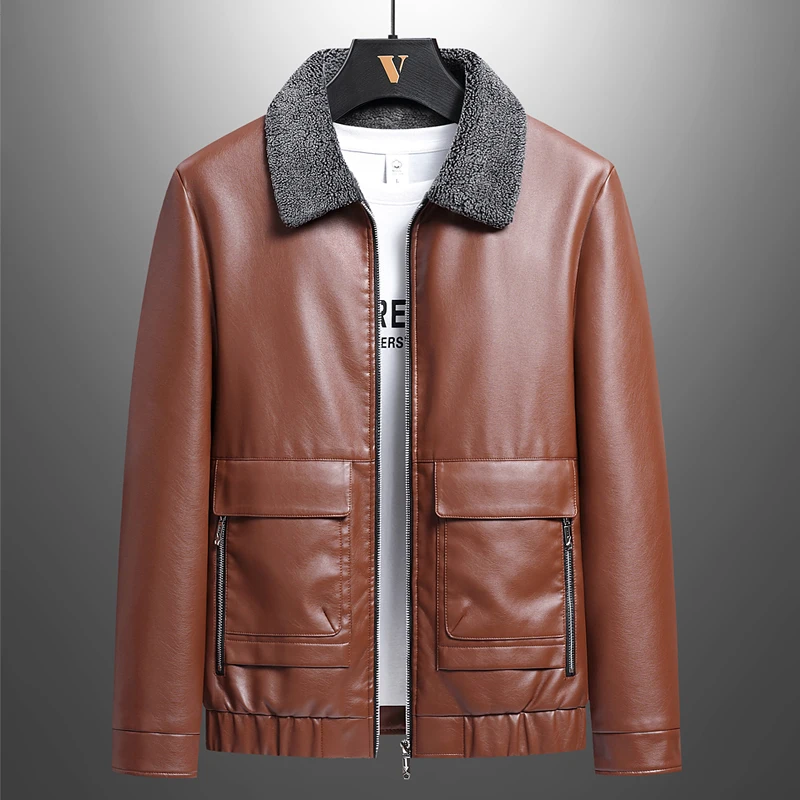 

Mens Classic Style Thickening of The Leather Fashion Leisure Fur Coat Male Business Leather Jacket Slim Fit with Collars Coats