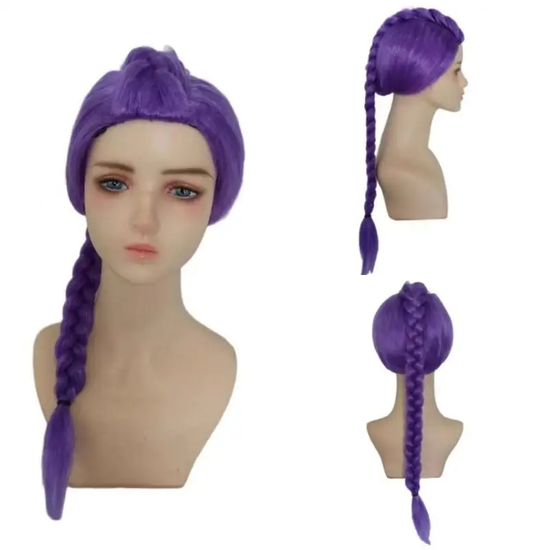 Pop Singer Purple Braid Wig Rose Red Long Synthetic Wig Black Double Bun Hairstyle Hair Halloween Cosplay Props
