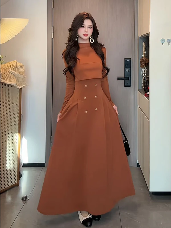Early Autumn Orange Color Fake Two-Piece Dress Slimming Waist Double Button Long Sleeve A-Line Dress Luxury Style Casual Wear