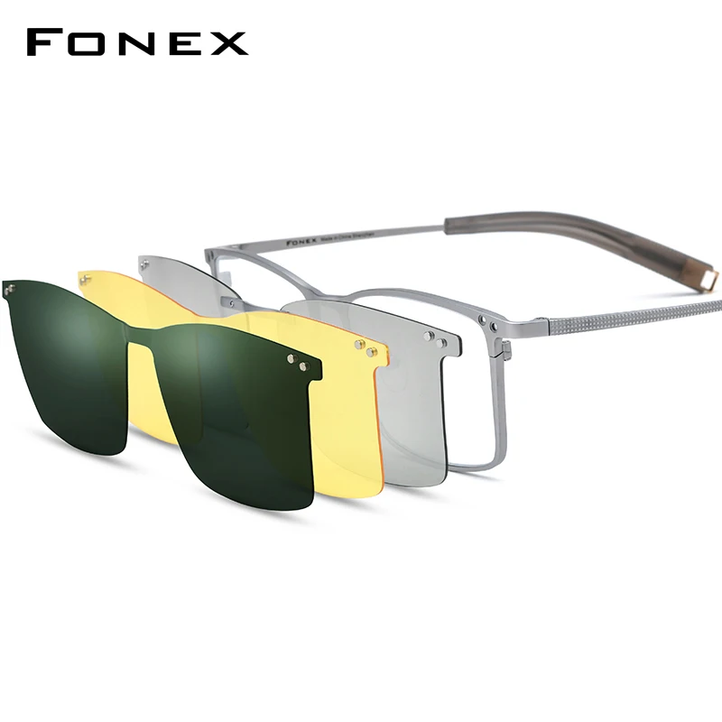 FONEX Titanium Eyeglasses Frame Men Square Magnet Clip Glasses with 3D & Night Vision & Polarized Lens 85760