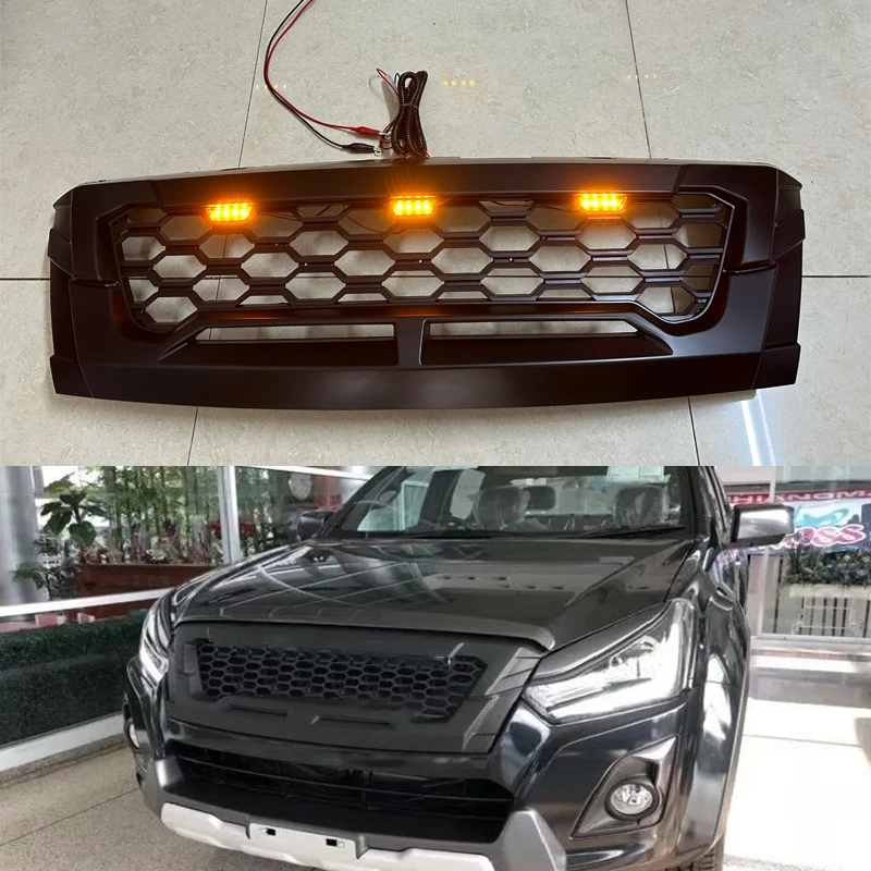 Amber LED Honeycomb Mask Cover For Isuzu DMAX D-MAX 2015 2016 2017 2018 2019 ABS Matte Black Front Grills Racing Grille