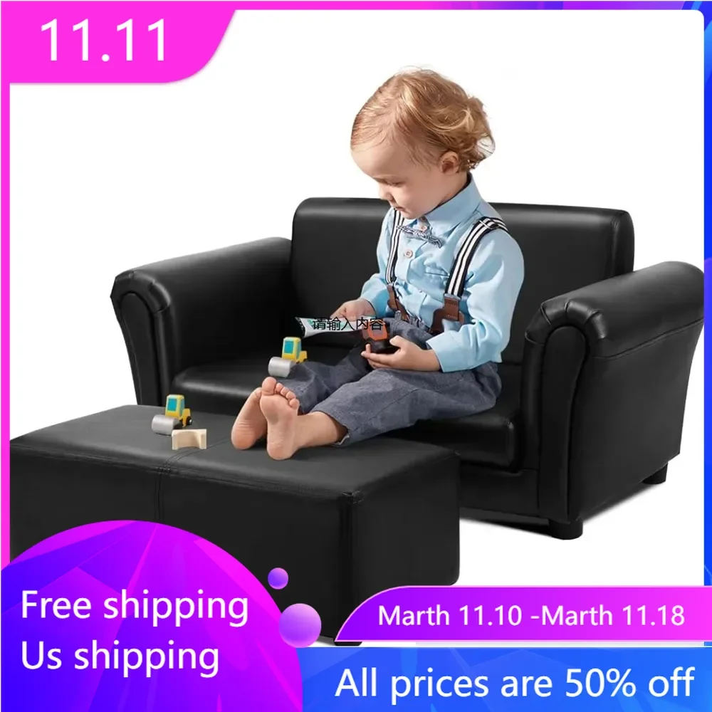 

Kids Sofa with Footstool, 2 Seat Armrest Children Sofa, Upholstered Couch Chair w/Wood Construction & Backrest