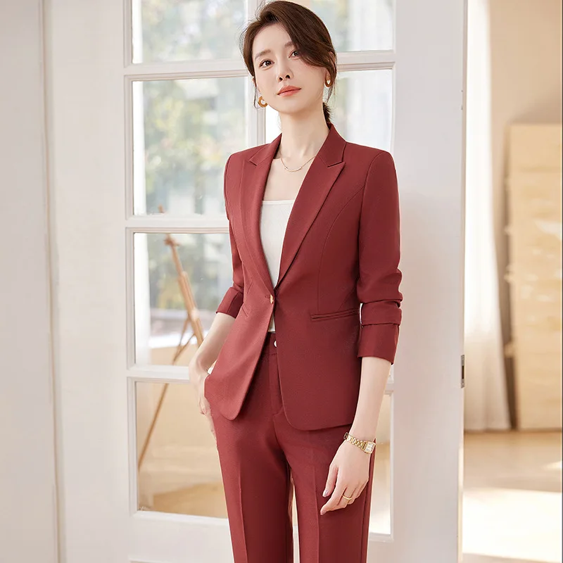 Wine Red Suit Women's Spring and Autumn Business Wear Formal Wear Temperament Goddess Style Small Business Suit Coat Front Stage