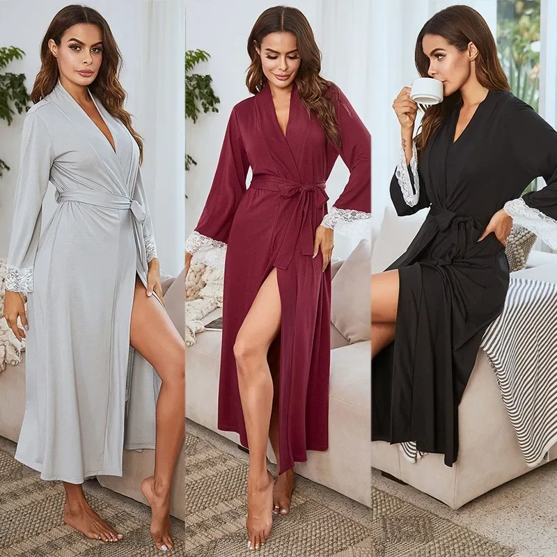 

Women's nightgown long-sleeved lace splicing strap long loungewear pajamas bathrobe women