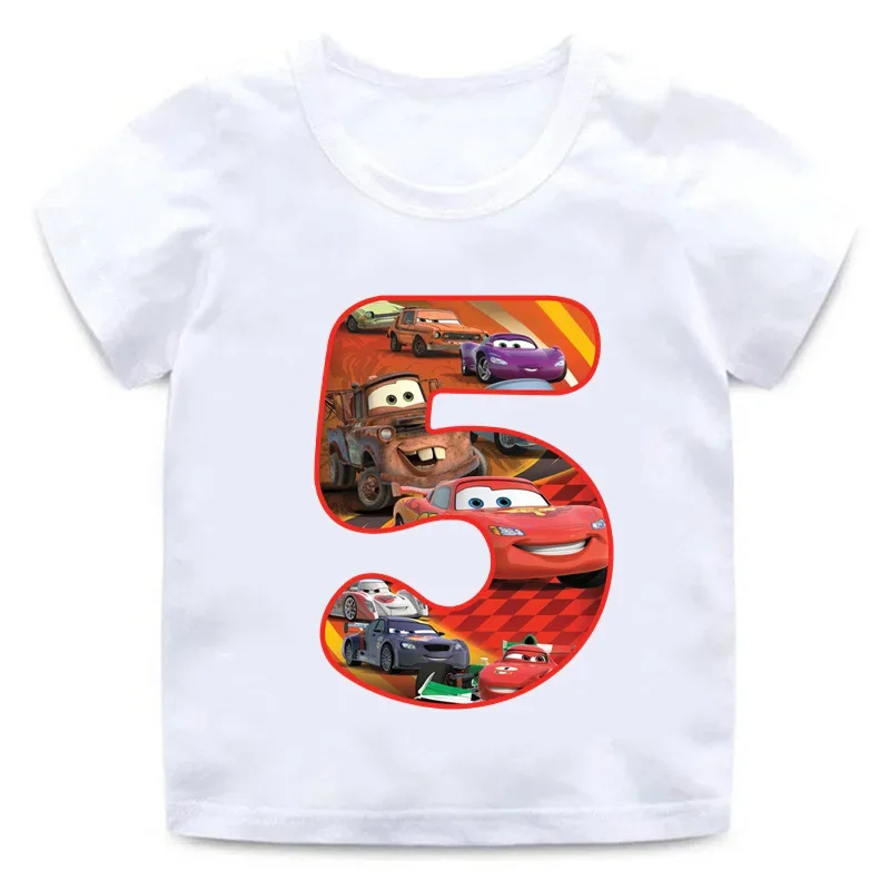 T-shirt Disney Cars Rains McQueen pour enfants, vêtements de décoration de fête d\'anniversaire, dessin animé anime Kawaii, haut décontracté pour