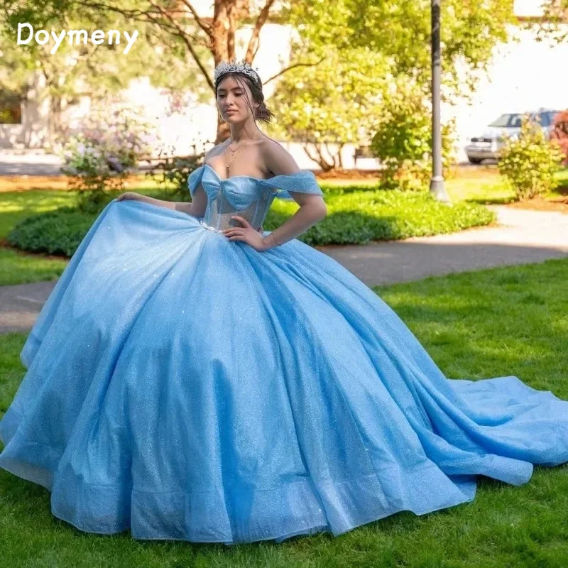 Doymeny Glittering Tulle Off Shoulder Quinceanera Dresses Ball Gown Sweep Train Mexican Beaded Vestidos De 15 Anos