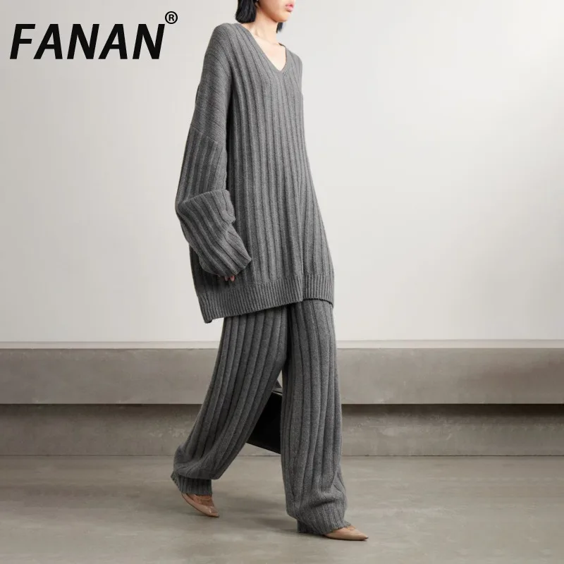 

FANAN Minimalist Style Knit 2 Piece Set Women's V Neck Long Sleeve Loose Tops High Waist Straight Wide Leg Pants 2025 New