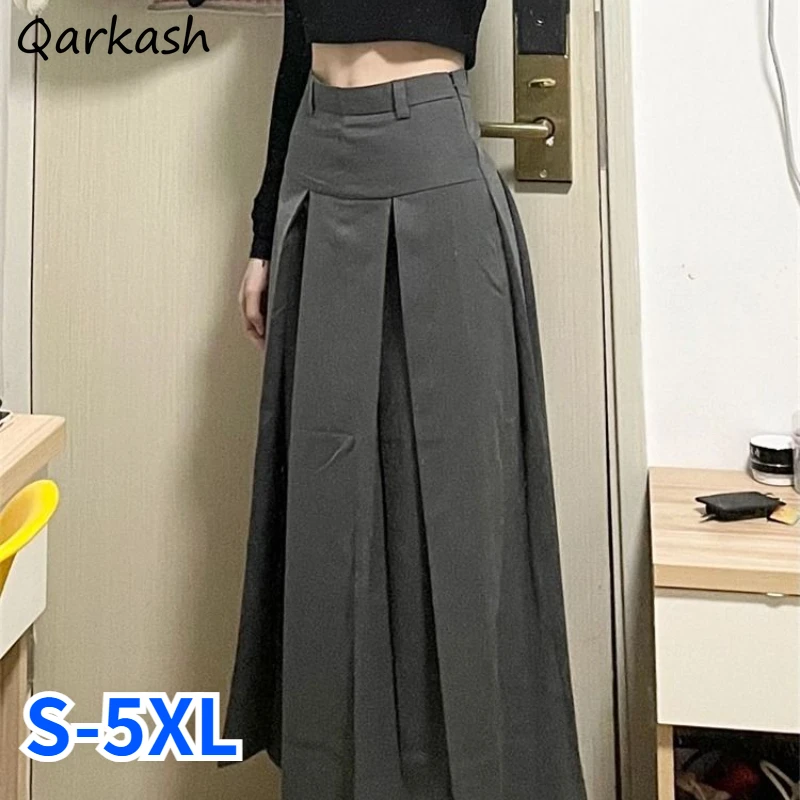 

Pleated Skirts Women Gray Loose High Waist All-match Preppy Style Folds Simple Girls Streetwear Classic Autumn Temper Clothing
