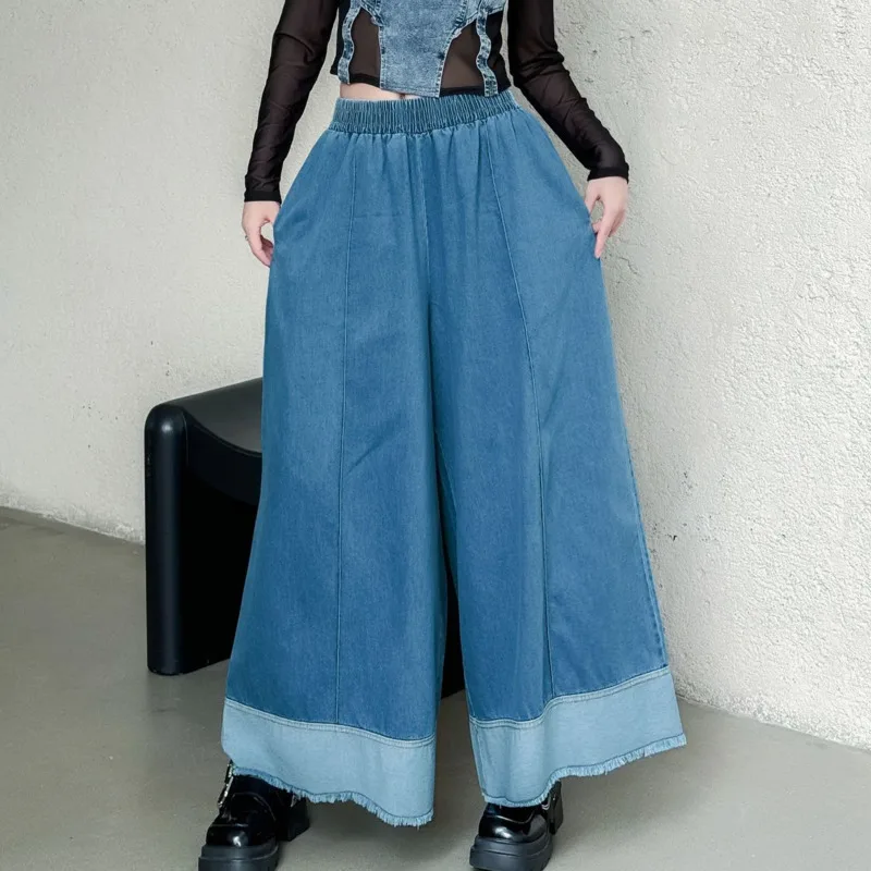 HKSH Lente Herfst Nieuwe Vrouwen Wijde Pijpen Jeans Elastische Taille Kleurblok Amerikaanse Retro Veelzijdige Casual Chic Denim Broek HK17498