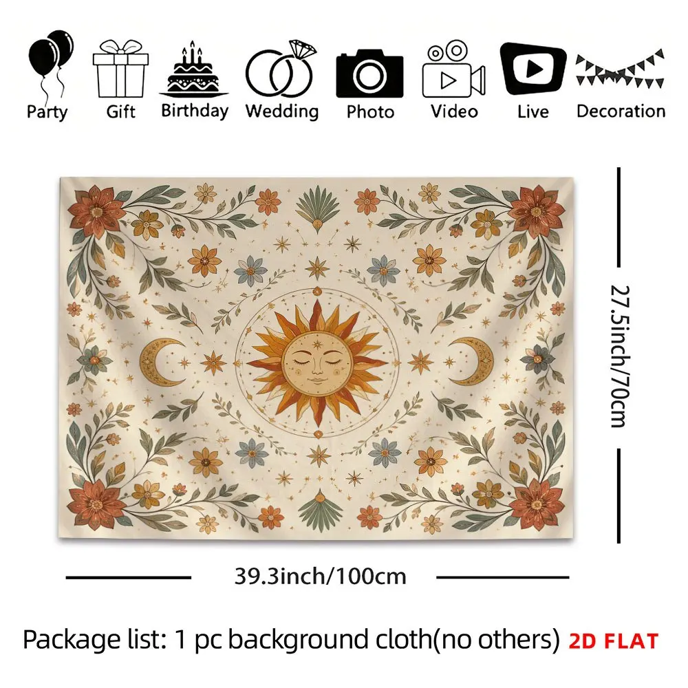 Boho Sun Moon Floral Tapestry Wall Hanging, Retro Flower Star Celestial Pattern Backdrop for Dorm Apartment Photo Wall Decor