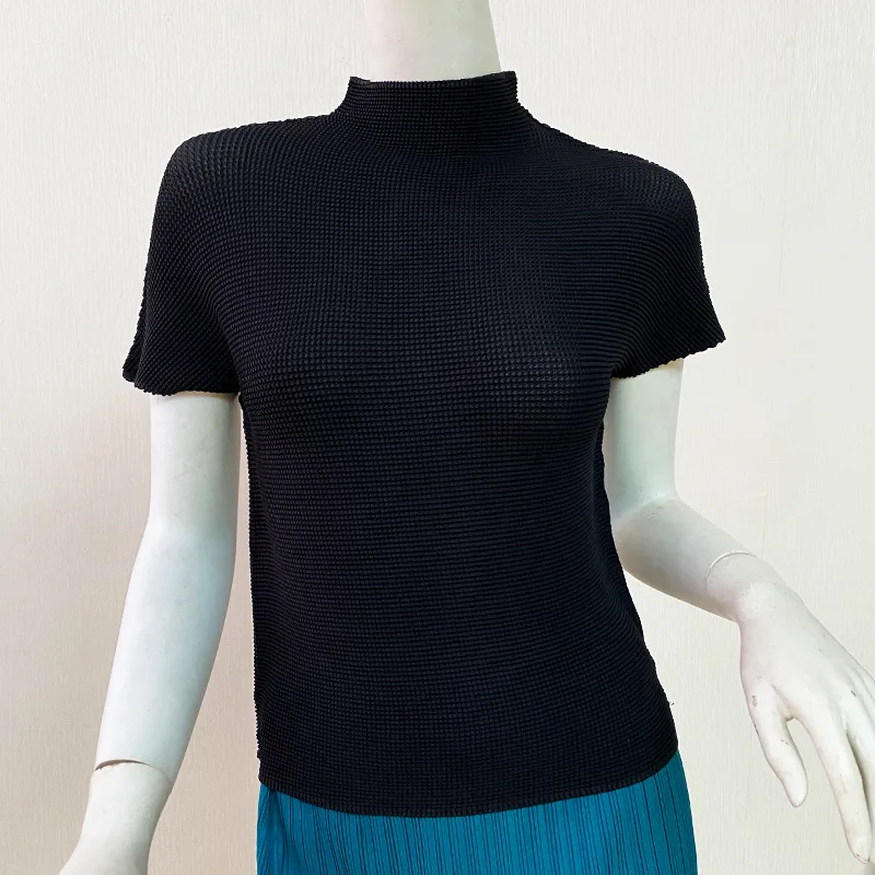 Pleated Short Sleeve Women's T-shirt Chiffon Shirt Summer Women's High Collar Thin Top Women's Western Fashion