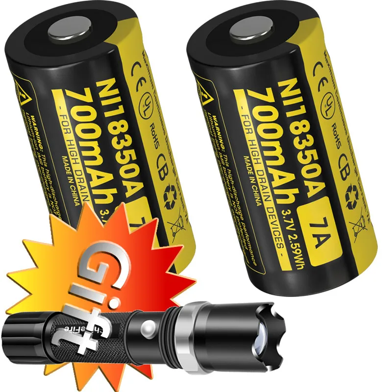 

2024 NITECORE IMR18350 Rechargeable Li-ion Battery x2 pieces + Gift Flashlight 700mAh 18350 High Drain Devices torch