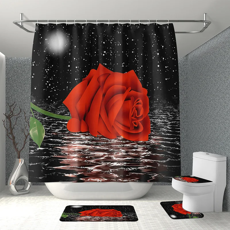 1PC Rose Flower Bathroom Curtain with 12 Hooks 3D Digital Printing Shower Curtain Fashion Polyester Waterproof Bathroom Decor