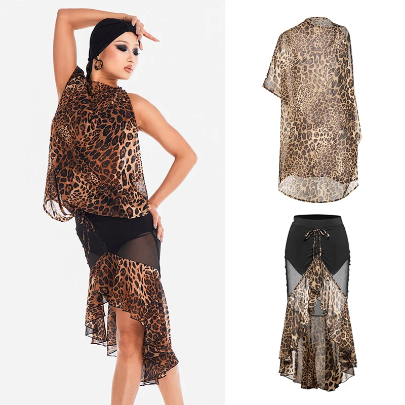 

Sexy Chacha Latin Dance Clothing Women'S Latin Dance Performance Costume Single Sleeve Leopard Latin Top Samba Skirt SL12401