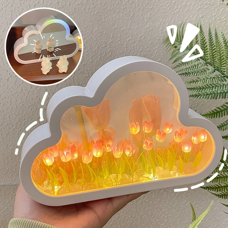 DIY nube tulipán LED luz nocturna creativa mar de flores lámpara de noche espejo lámparas de mesa atmósfera luz regalo de cumpleaños decoración del hogar