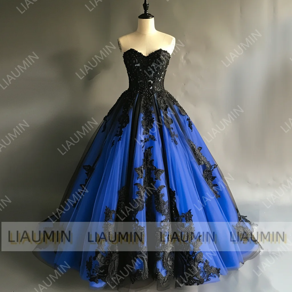 Hand Made Blue And Black Lace Applique Prom Dress Elegant Strapless Lace-up Evening Prom Stunning Dresses Customized W11-9