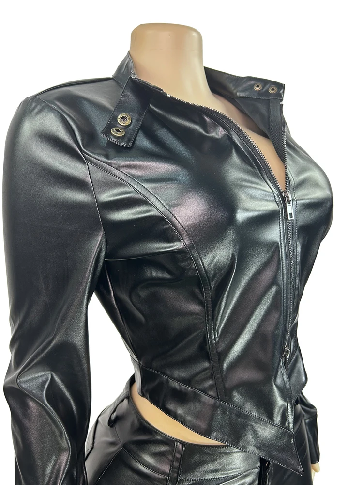 Y2k Punk PU Leather Sexy Women 2 Piece Sets Black Long Sleeve Zip Jacket and Shorts Suit Fall 2025 Night Out Club Outfits