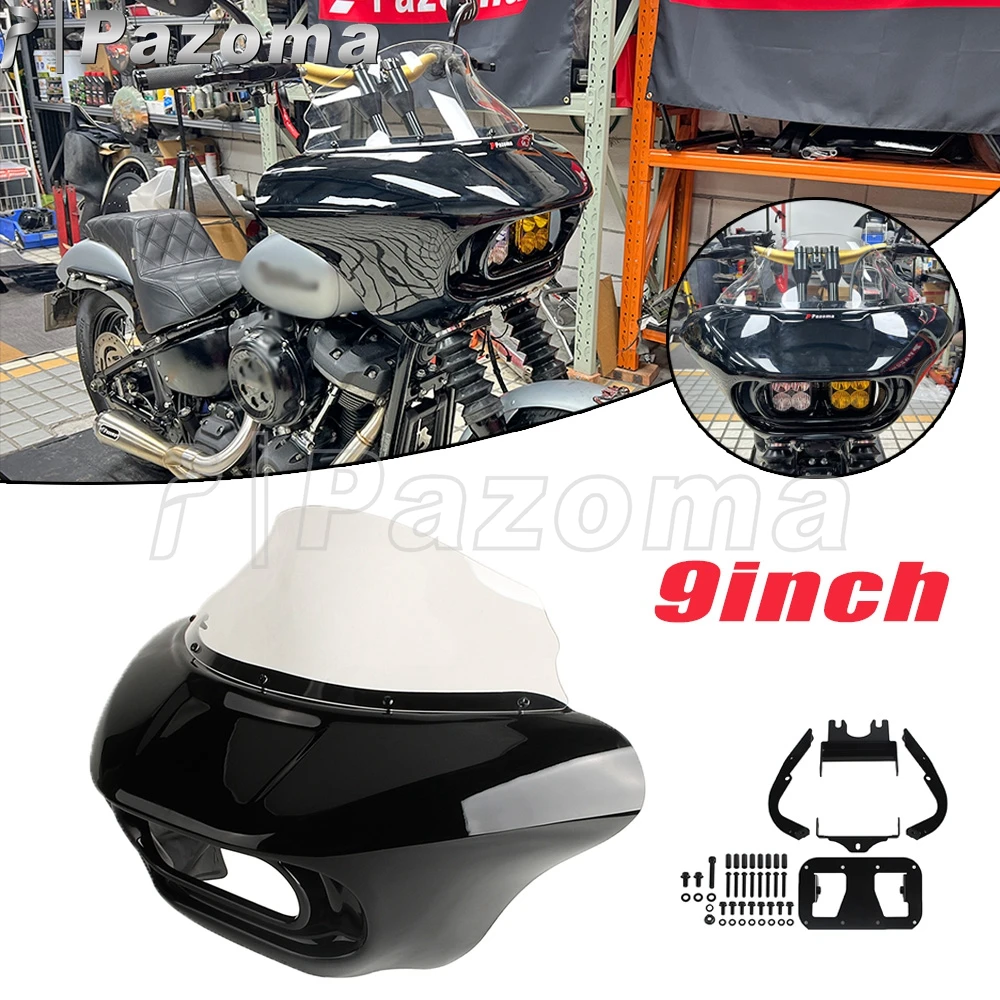 

9" Windhsield Front Headlamp Fairing Motorcycle Mask Club Style Headlight Cowl For Harley Softail Street Bob Low Rider Standard