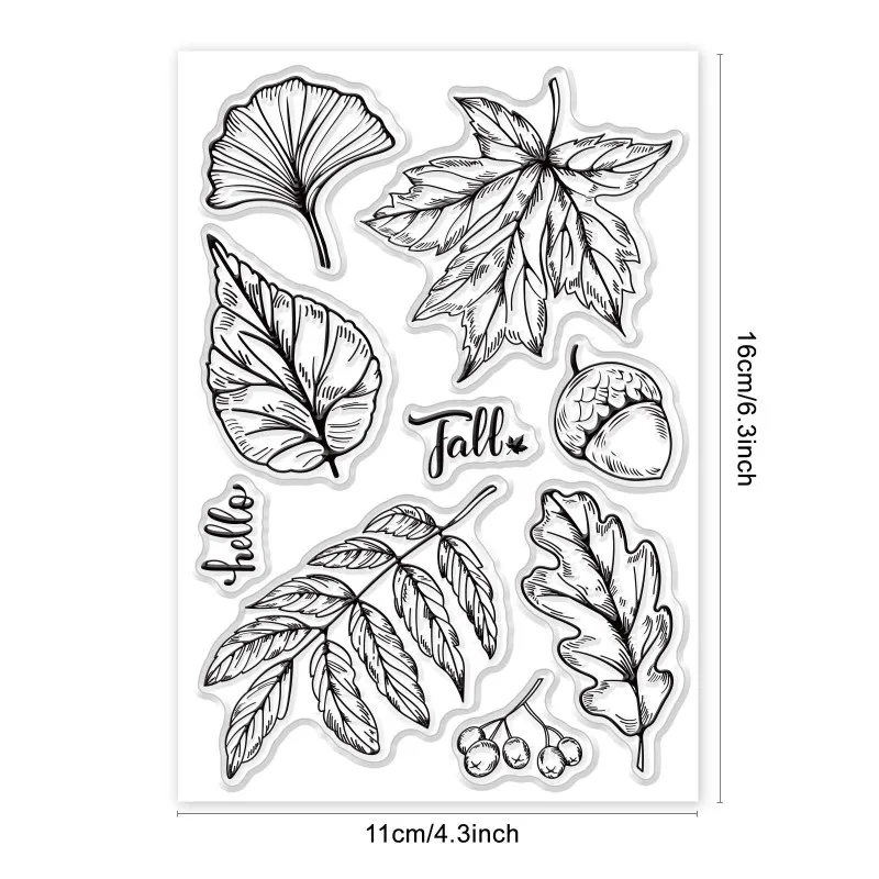 Hello Autumn Silicone Clear Stamp Maple Leaf Transparent Silicone Stamp Acorn and Fallen Leaf Rubber Stamp for Scrapbook Journal