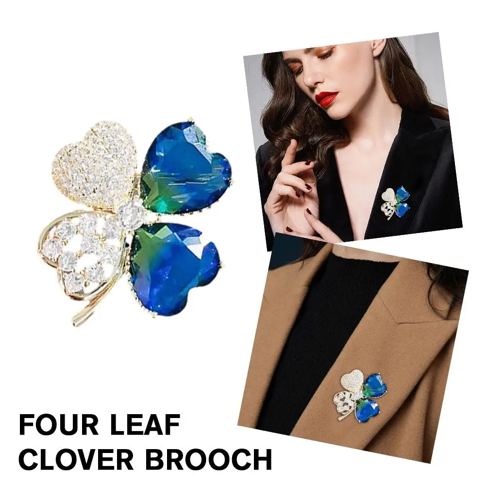 Luxury Blue Crystal Flower Brooches Lucky Four-Leaf Suit Badges Cap Clover Jewelry Pins Lapel Accessories Crystal Brooch J1C7