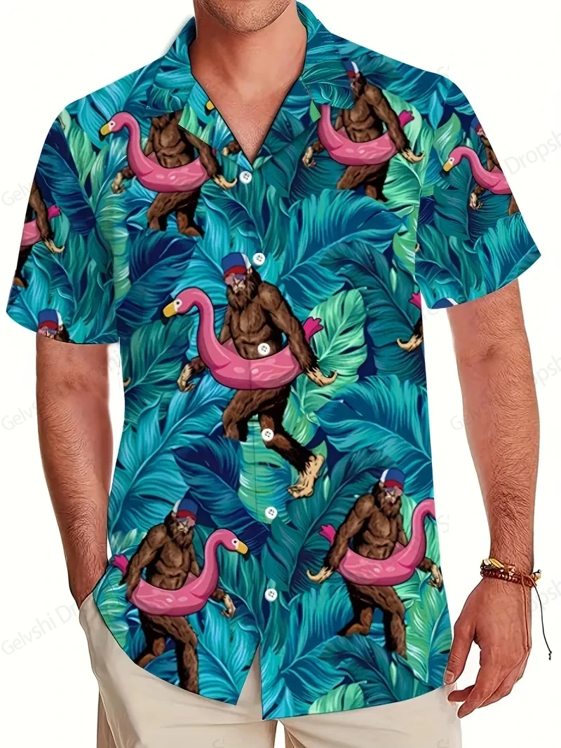 Men's Shirts Gorilla Flamingo Graphic Print Hawaii Shirt Men Women Fashion Hawaiian Shirt Short Sleeve Blouse Button Up Camisas